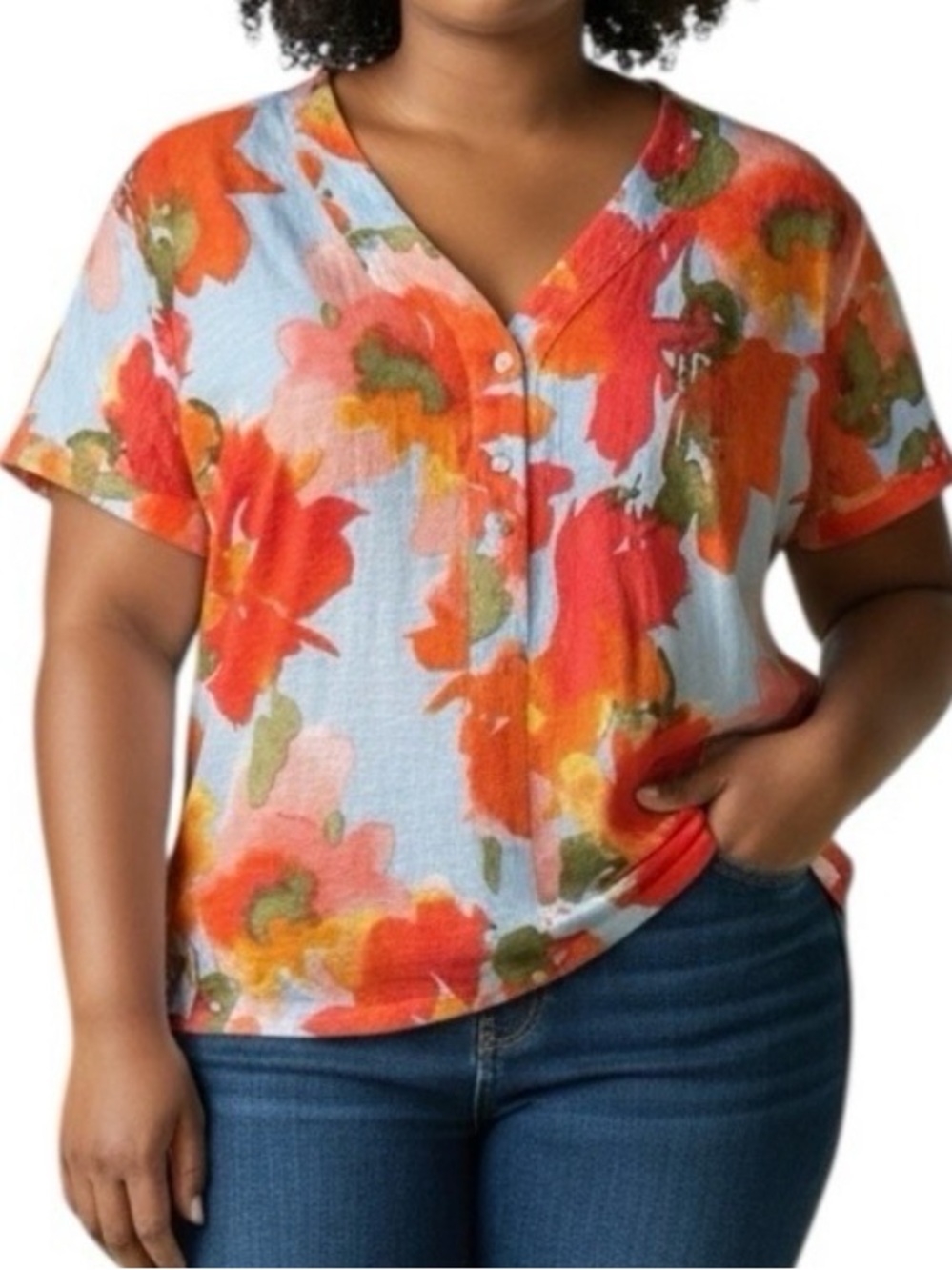 Joie Ladies Bright Floral Linen Blend V Neck Button-Front Top Medium